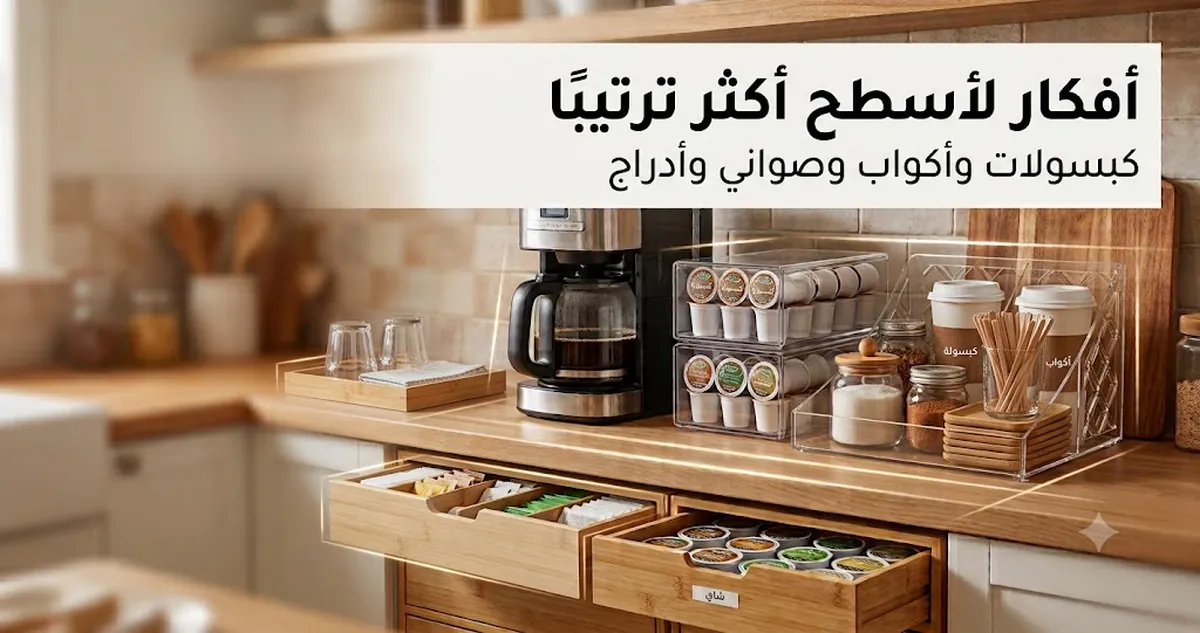 أفكار لركن قهوة مرتب باستخدام منظمات للكبسولات والأكواب والصواني والأدراج والإضافات