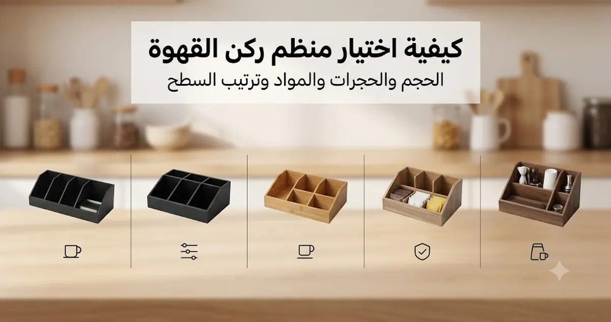 خيارات منظمات ركن القهوة مقارنة حسب الحجم والحجرات والمواد وترتيبها على سطح المطبخ