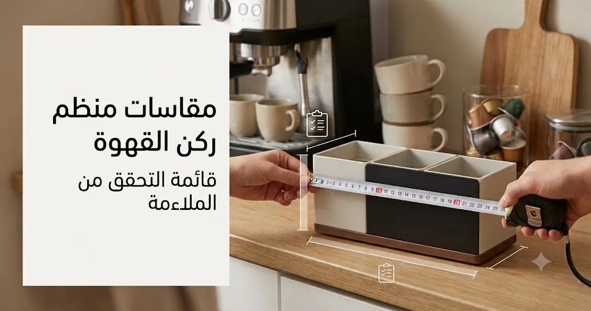 منظم ركن قهوة يتم قياسه للتحقق من ملاءمته على السطح بجانب الأكواب والكبسولات ومنطقة ماكينة القهوة