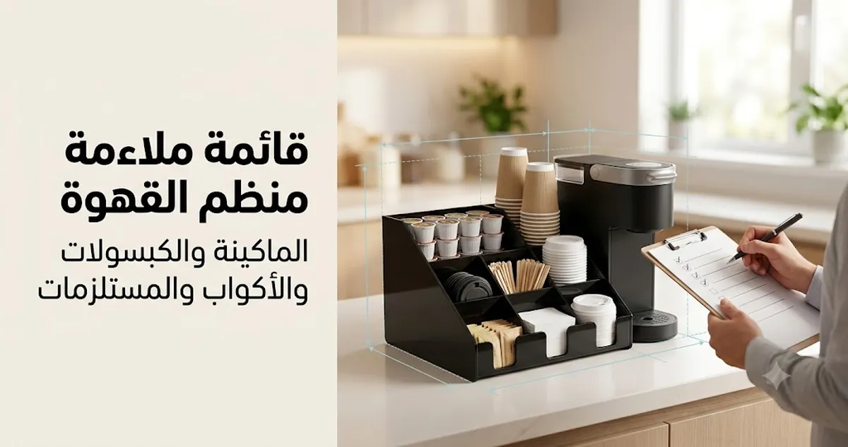 منظم ركن قهوة يتم التحقق من ملاءمته مع منطقة ماكينة القهوة والكبسولات والأكواب والأغطية والمستلزمات