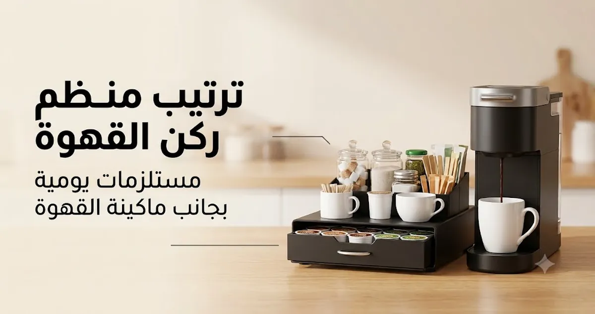 منظم ركن قهوة مرتب بجانب ماكينة القهوة مع كبسولات وأكواب وإضافات ومستلزمات للاستخدام اليومي