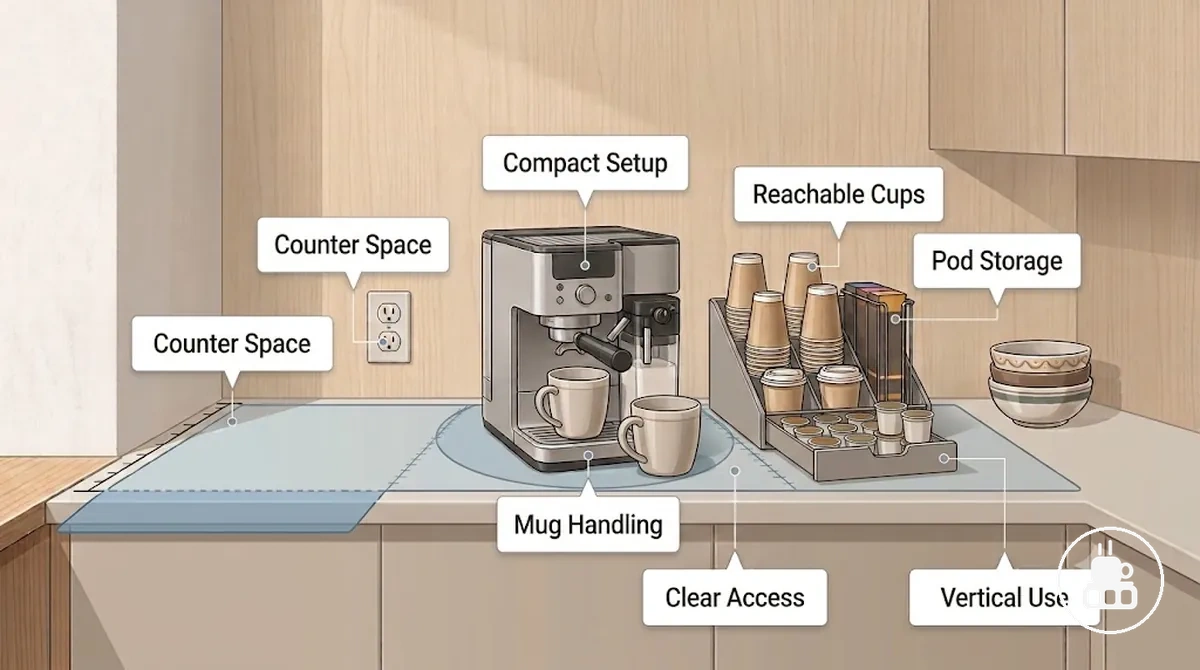 Kaffeestation-Organizer für kleine Räume mit griffbereitem Zubehör und freiem Maschinenzugang