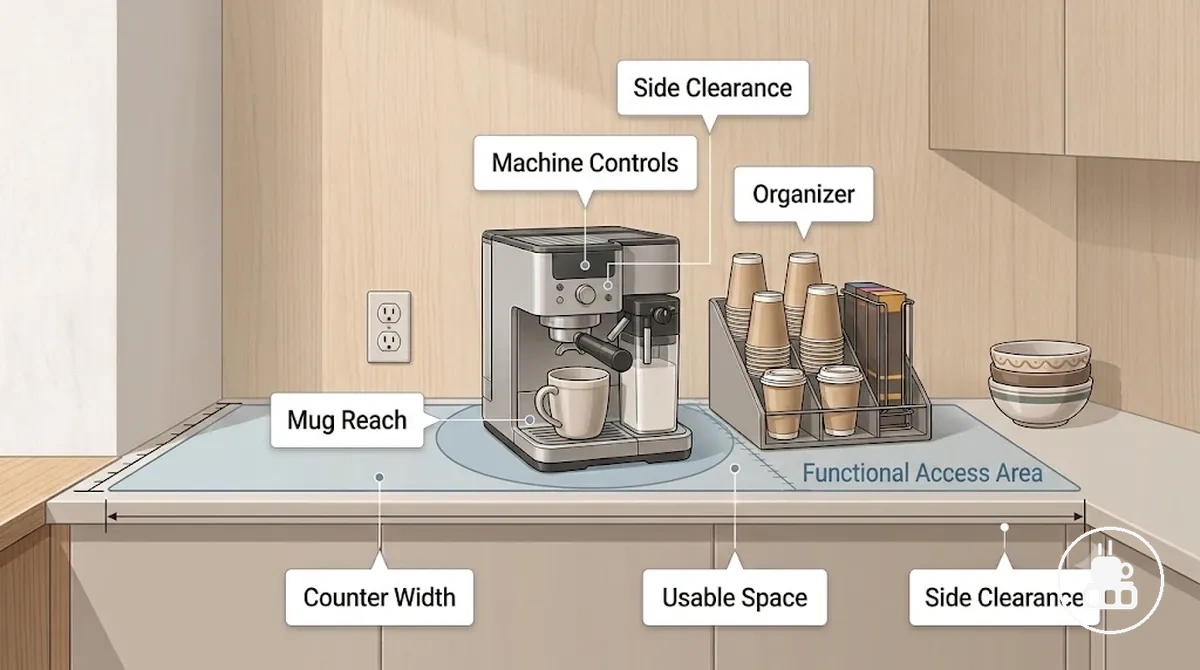 Arbeitsbreite und seitlicher Freiraum neben einer Kaffeemaschine für einen Kaffeestation-Organizer