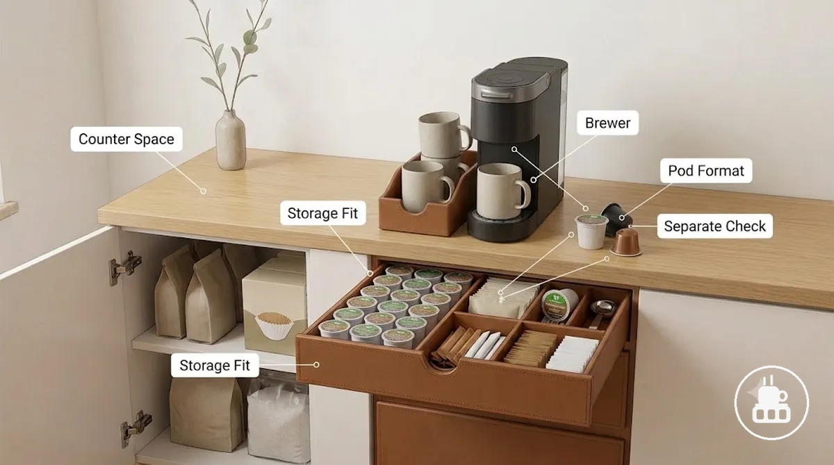 Vergleich der Aufbewahrungspassform mit der Brüher- und Kapselkompatibilität für einen Kaffeestation-Organizer