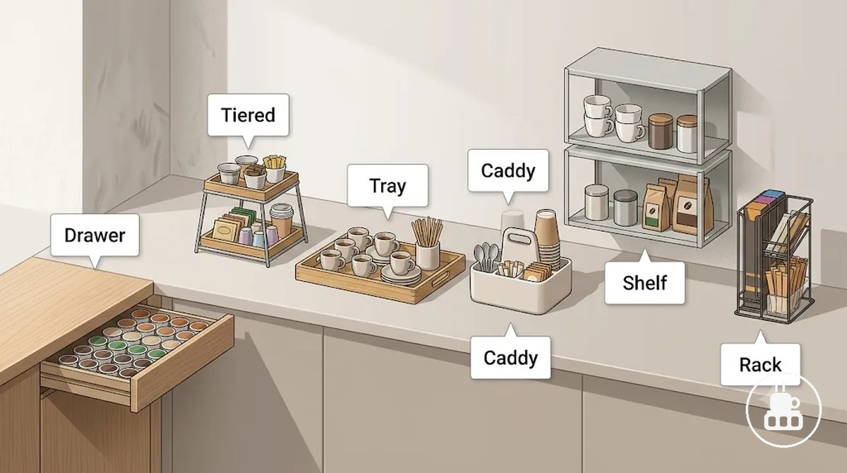 Hauptarten von Kaffeestation-Organizern inklusive Schublade, Etage, Tablett, Kaddy und Regal