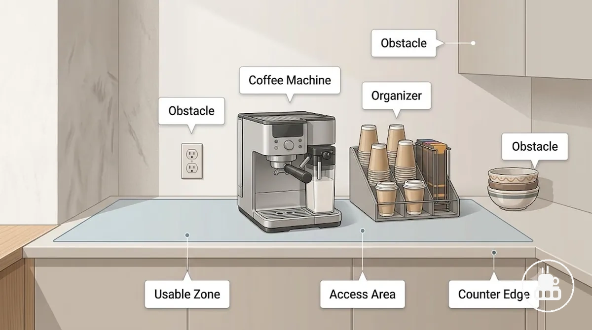 Nutzbare Arbeitsfläche zum Positionieren eines Kaffeestation-Organizers unter Berücksichtigung von Hindernissen und Zugangsbereichen