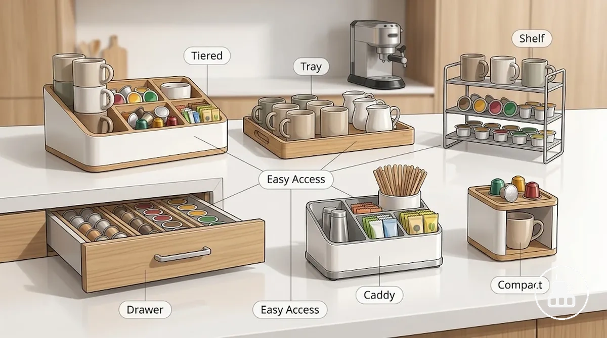 Kaffeestation-Organizer-Typen mit Schubladen-, Etagen-, Tablett-, Caddy- und kompakten Arbeitsplattenformaten.