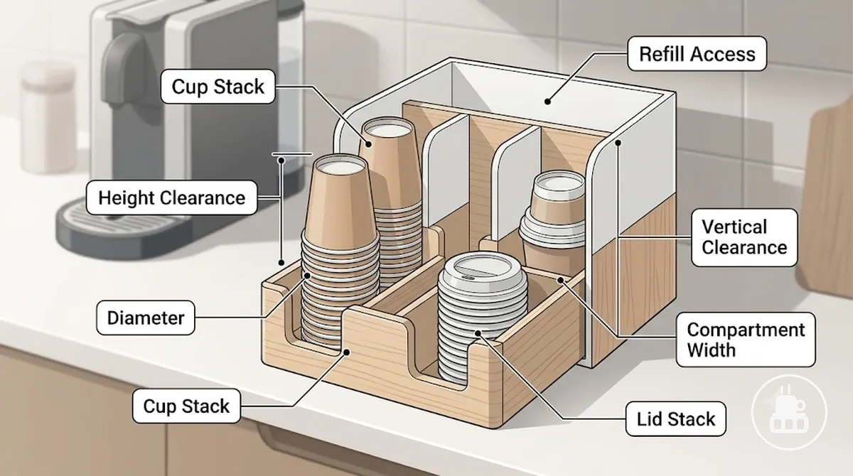 Gemessene Becher- und Deckelstapel neben einem Fach des Kaffeestation-Organizers