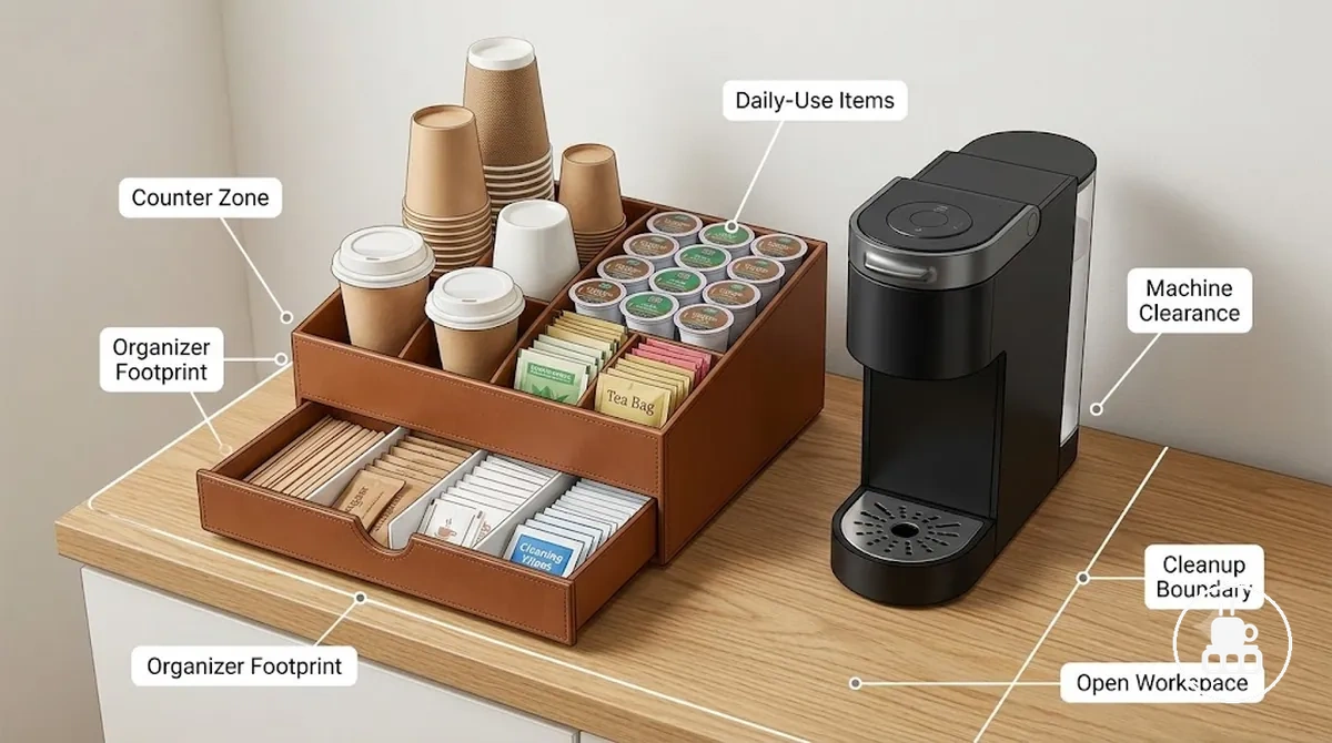 sauberes Kaffeestation-Organizer-Layout mit Arbeitsplattenzone, Tassen, Kapseln und offenem Arbeitsbereich