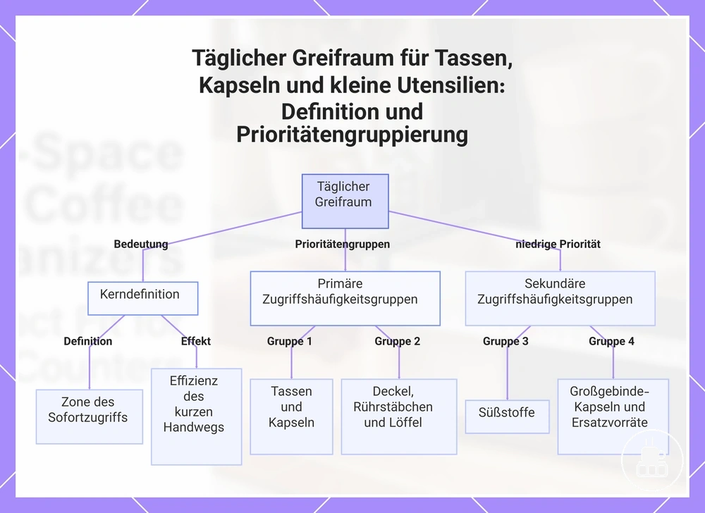Täglicher Greifraum für Tassen, Kapseln und kleine Utensilien: Definition und Prioritätengruppierung