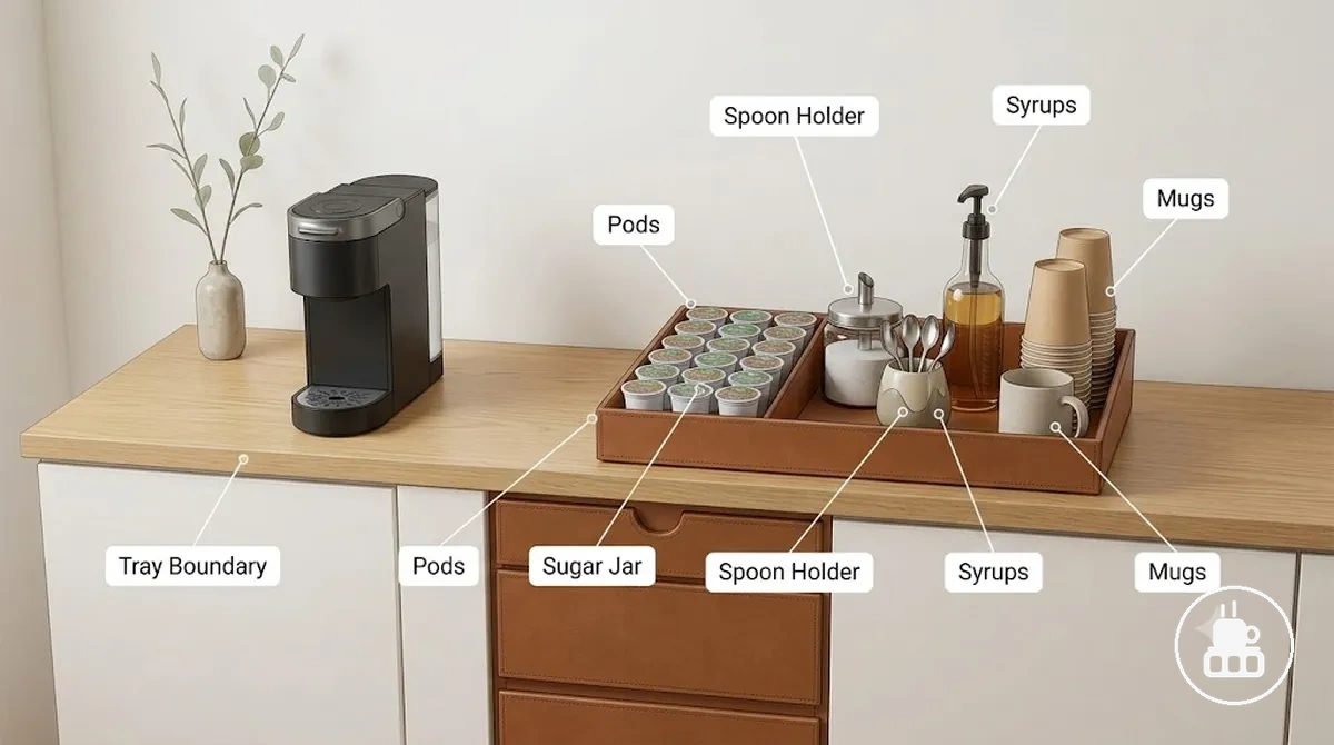 Kaffee-Tablett-Layout mit gebündelten Kapseln, Zuckerdose, Löffelhalter und Tasse