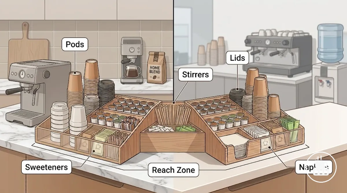 Tägliche Kaffeevorräte, sichtbar und zugänglich in einem Kaffeestation-Organizer