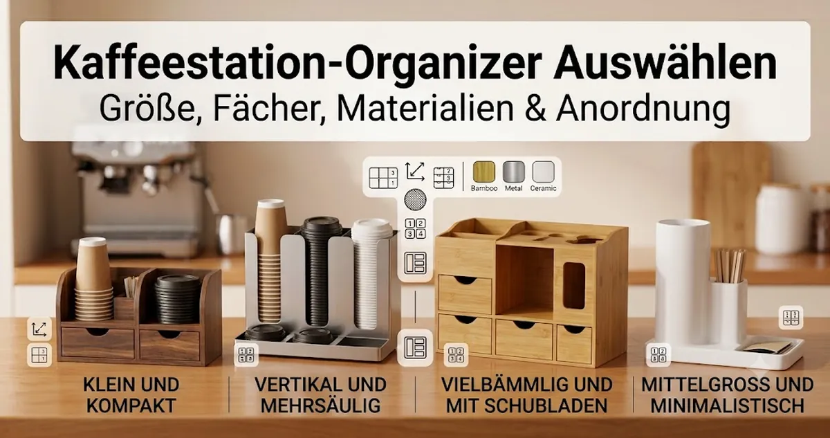 Kaffeestation-Organizer im Vergleich nach Größe, Fächern, Materialien und Anordnung auf der Arbeitsplatte