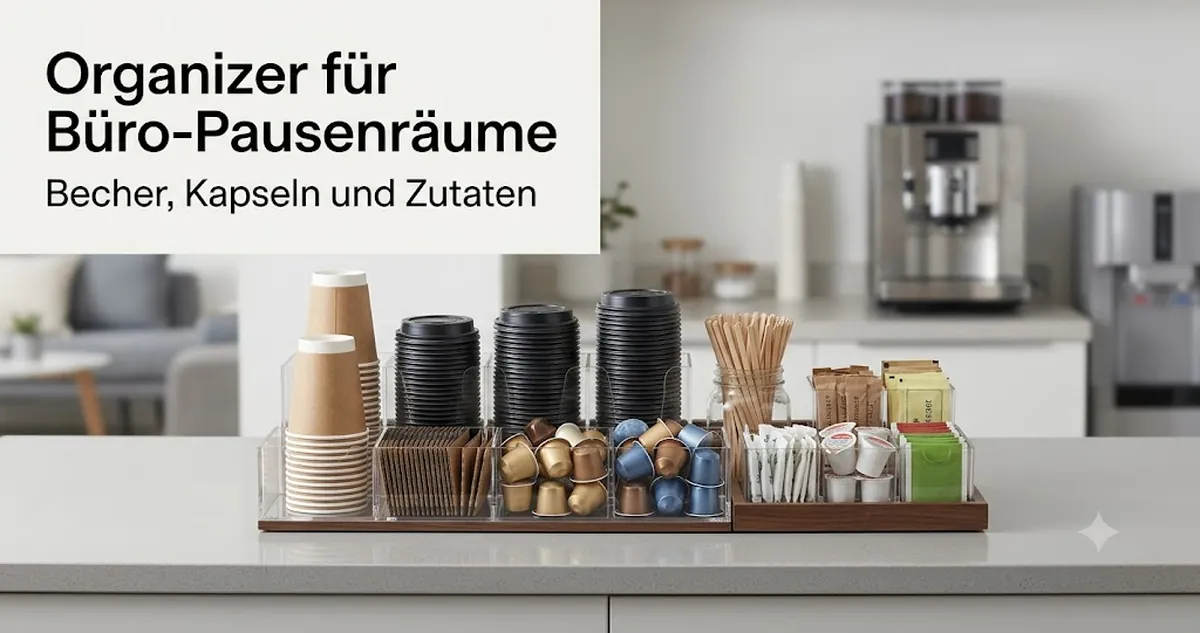 Kaffeestation-Organizer im Pausenraum eines Büros mit Bechern, Deckeln, Kapseln, Rührstäbchen und gemeinsam genutzten Zutaten