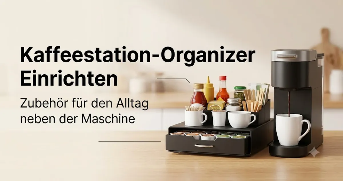 Kaffeestation-Organizer neben einer Kaffeemaschine mit Kapseln, Bechern, Zutaten und Zubehör für den Alltag