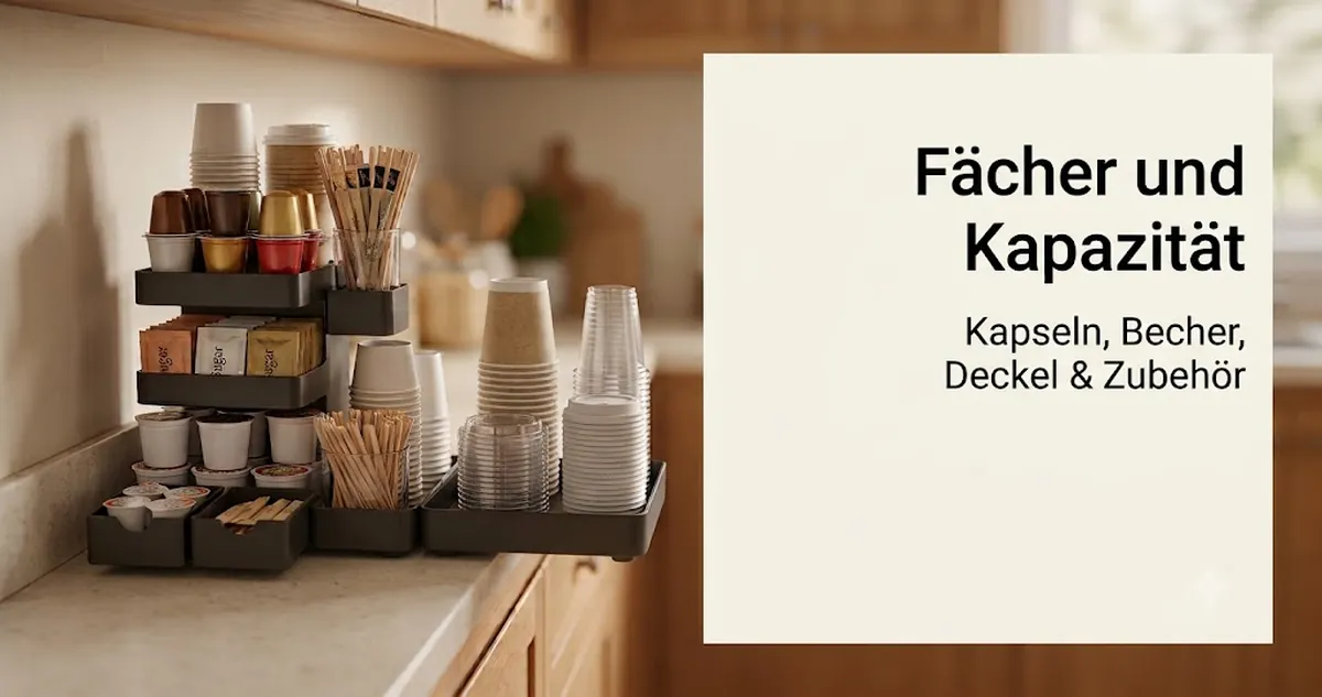 Fächer eines Kaffeestation-Organizers mit Kapseln, Bechern, Deckeln, Rührstäbchen, Süßungsmitteln und kleinem Zubehör
