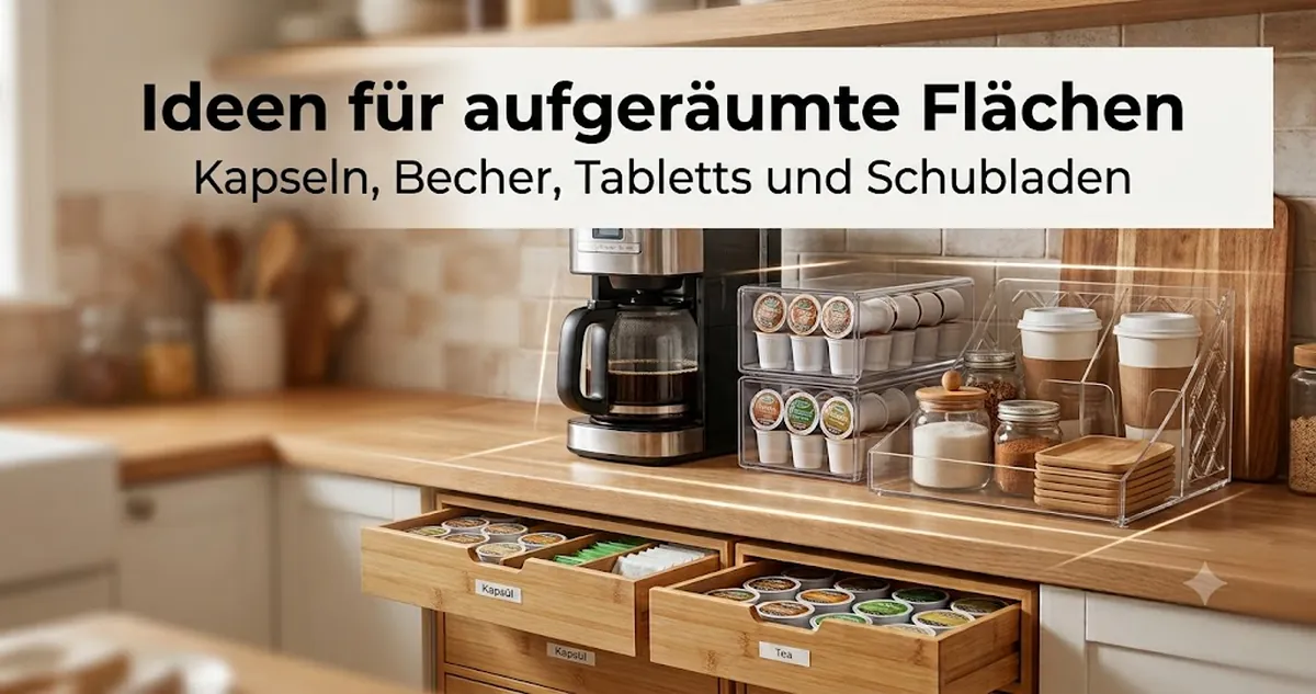 Ideen für eine aufgeräumte Kaffeestation mit Organizern für Kapseln, Becher, Tabletts, Schubladen und Zutaten