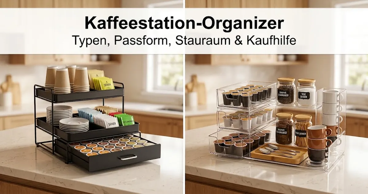 Kaffeestation-Organizer auf einer Arbeitsplatte mit Schubladen, Tabletts, Fächern, Bechern, Kapseln und Zutaten
