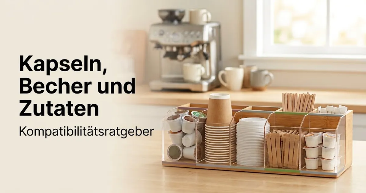 Kaffeestation-Organizer mit Kapseln, Einwegbechern, Deckeln, Rührstäbchen, Süßungsmitteln und Zutaten