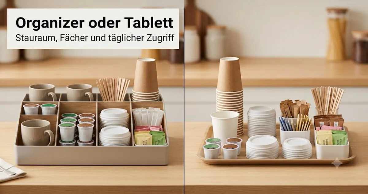 Kaffeestation-Organizer und Tablett im Vergleich für Stauraum auf der Arbeitsplatte, Fächer und täglichen Zugriff
