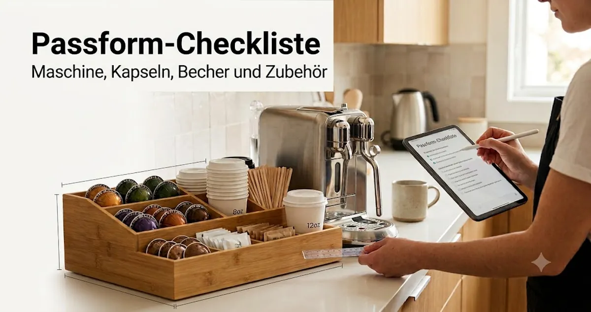 Kaffeestation-Organizer wird auf Passform mit Kaffeemaschinenbereich, Kapseln, Bechern, Deckeln und Zubehör geprüft