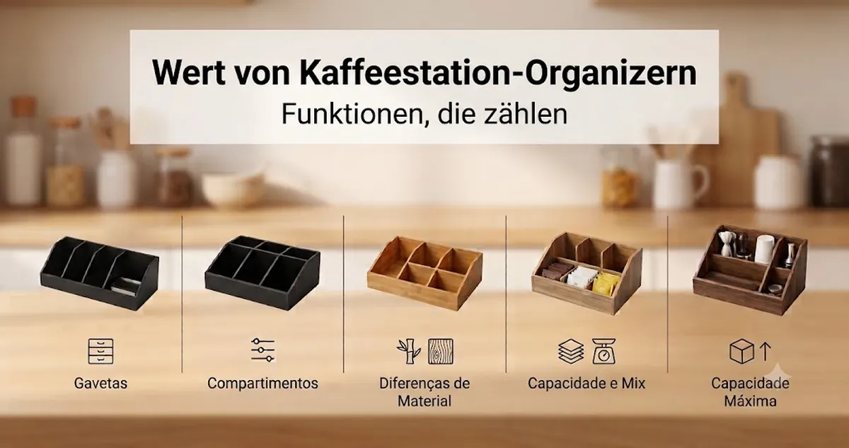 Funktionsvergleich von Kaffeestation-Organizern mit Schubladen, Fächern, Materialien und Stauraum