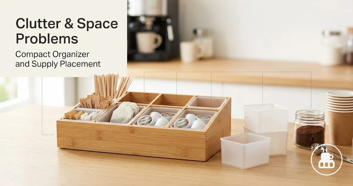 Cluttered coffee station improved with a compact organizer, compartments, and better supply placement