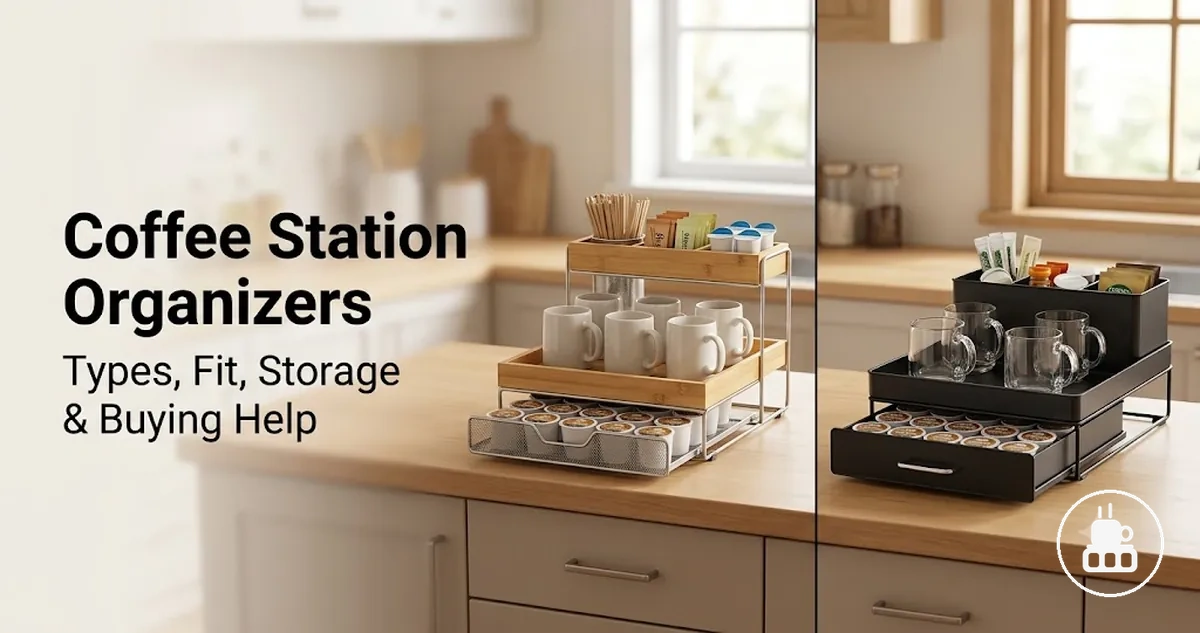 Coffee station organizers arranged on a counter with drawers, trays, compartments, cups, pods, and condiments