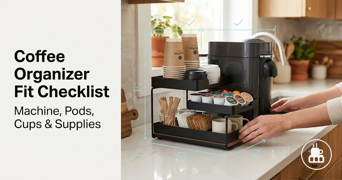 Coffee station organizer checked for fit with a coffee machine area, pods, cups, lids, and supplies
