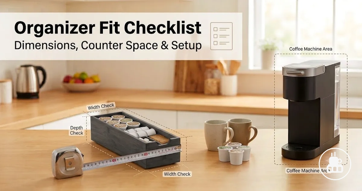 Coffee station organizer measured for counter fit beside cups, pods, and a coffee machine area