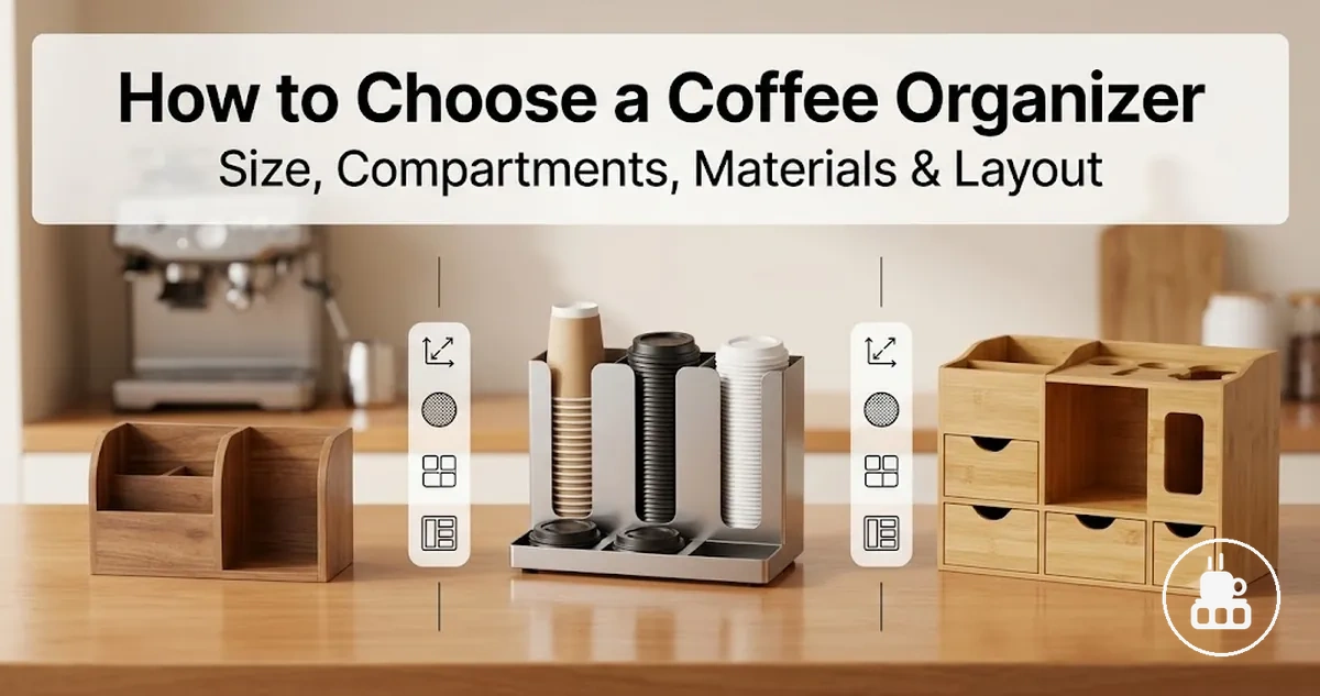 Coffee station organizer options compared by size, compartments, materials, and counter layout