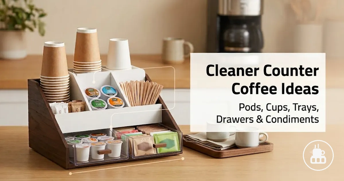 Clean counter coffee station ideas using organizers for pods, cups, trays, drawers, and condiments