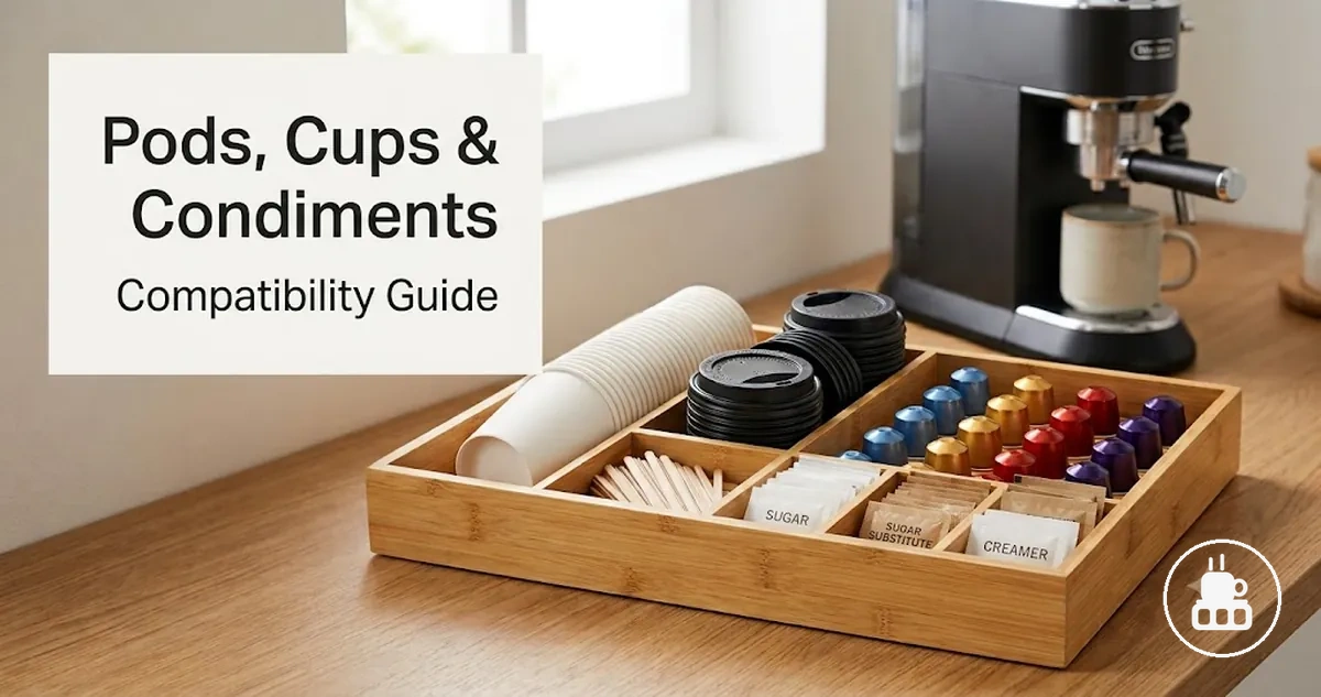 Coffee station organizer storing pods, disposable cups, lids, stirrers, sweeteners, and condiments