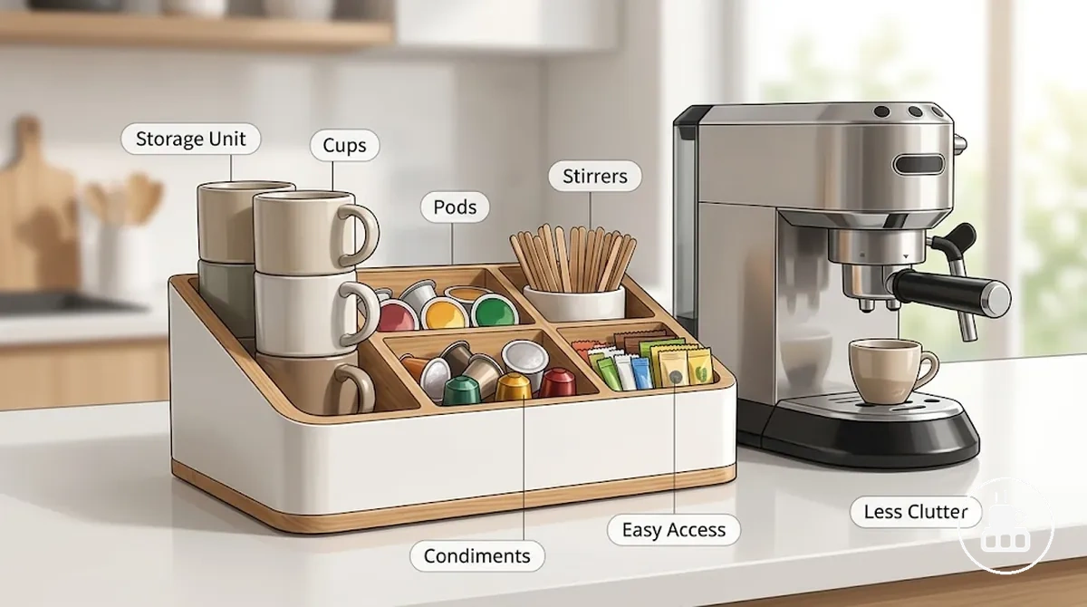 Coffee station organizer showing compartments for cups, pods, stirrers, and condiments.