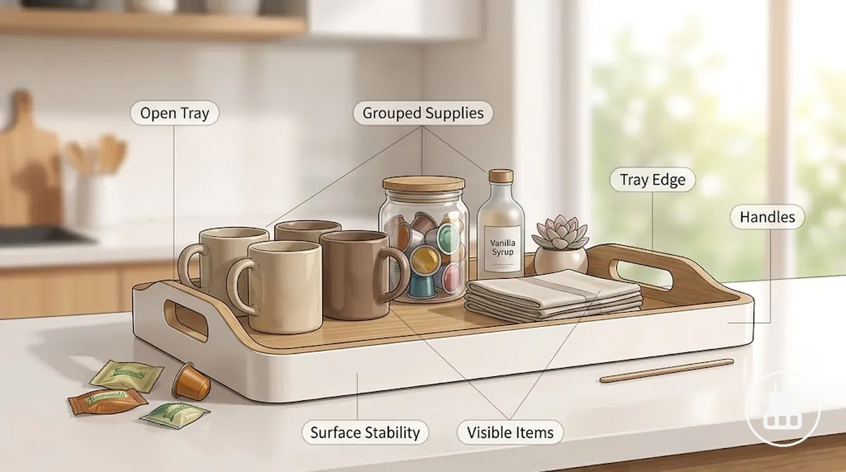 Open coffee station tray grouping mugs, jars, and small supplies on a counter