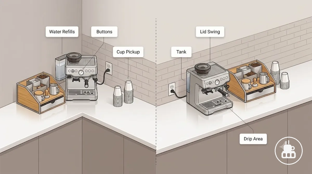 Coffee machine access kept clear beside a coffee station organizer for water refills, controls, and cup pickup