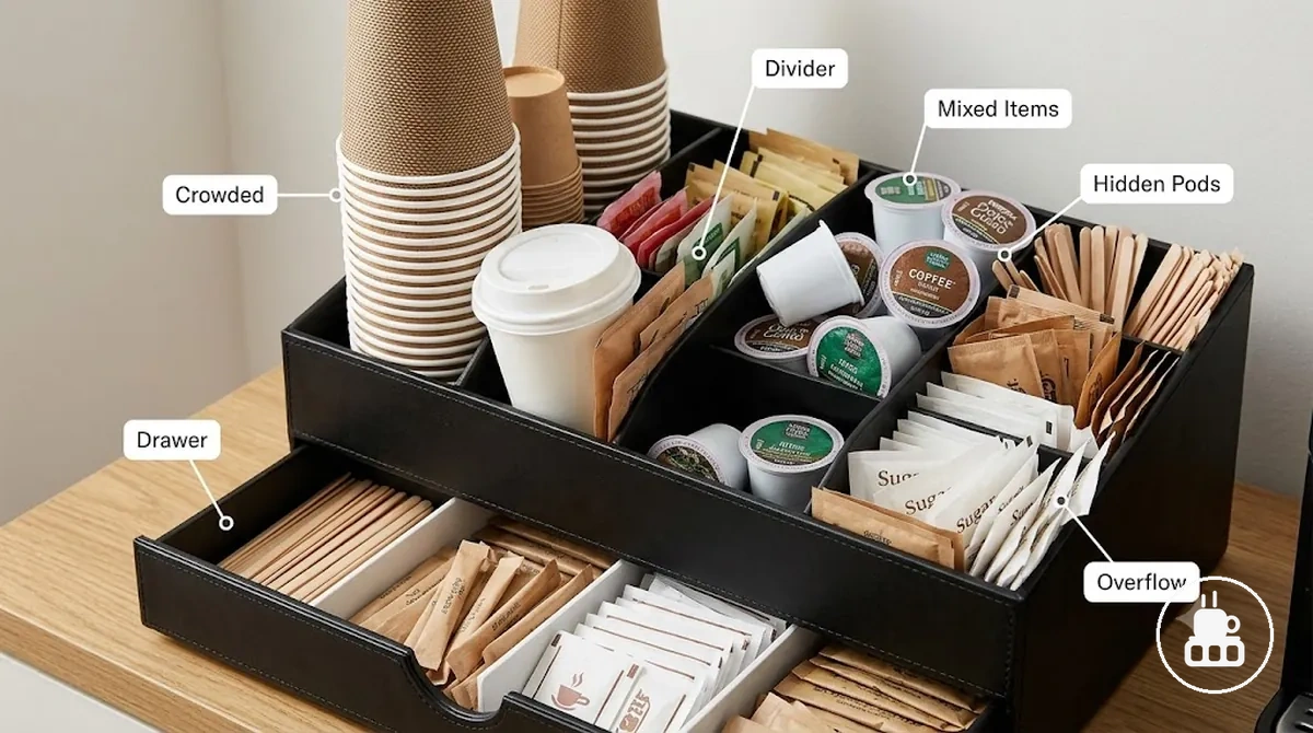 Overfilled coffee station organizer compartments with mixed supplies
