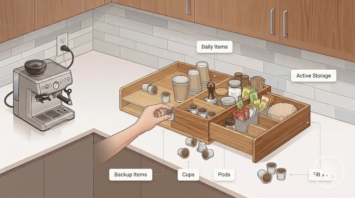 Coffee supplies spreading outside a coffee station organizer on a counter