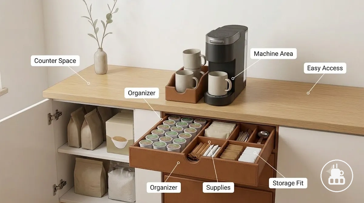 Coffee station organizer positioned to suit available counter space and everyday coffee supplies