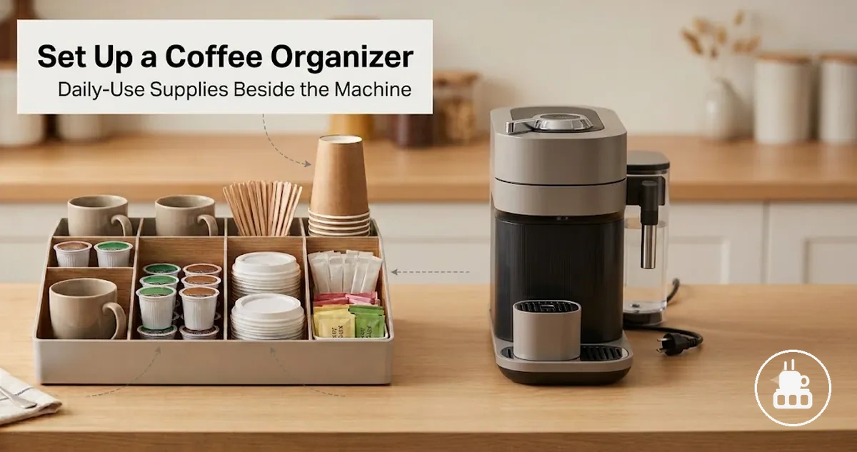Coffee station organizer set up beside a coffee machine with pods, cups, condiments, and daily-use supplies