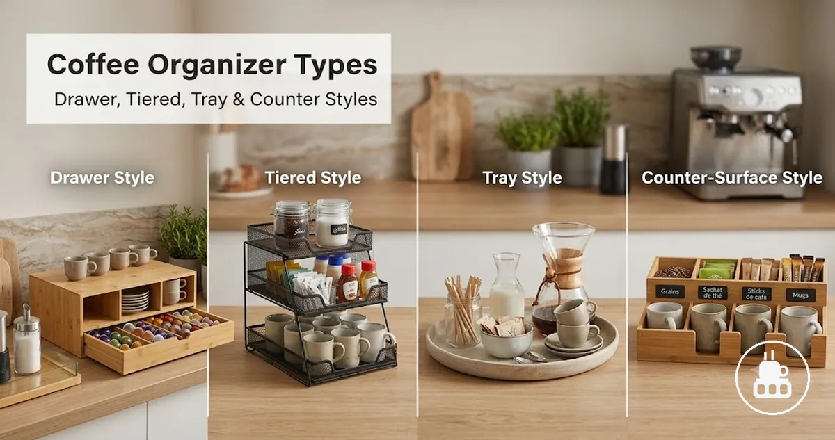 Different coffee station organizer types including drawer, tiered, tray, and countertop styles