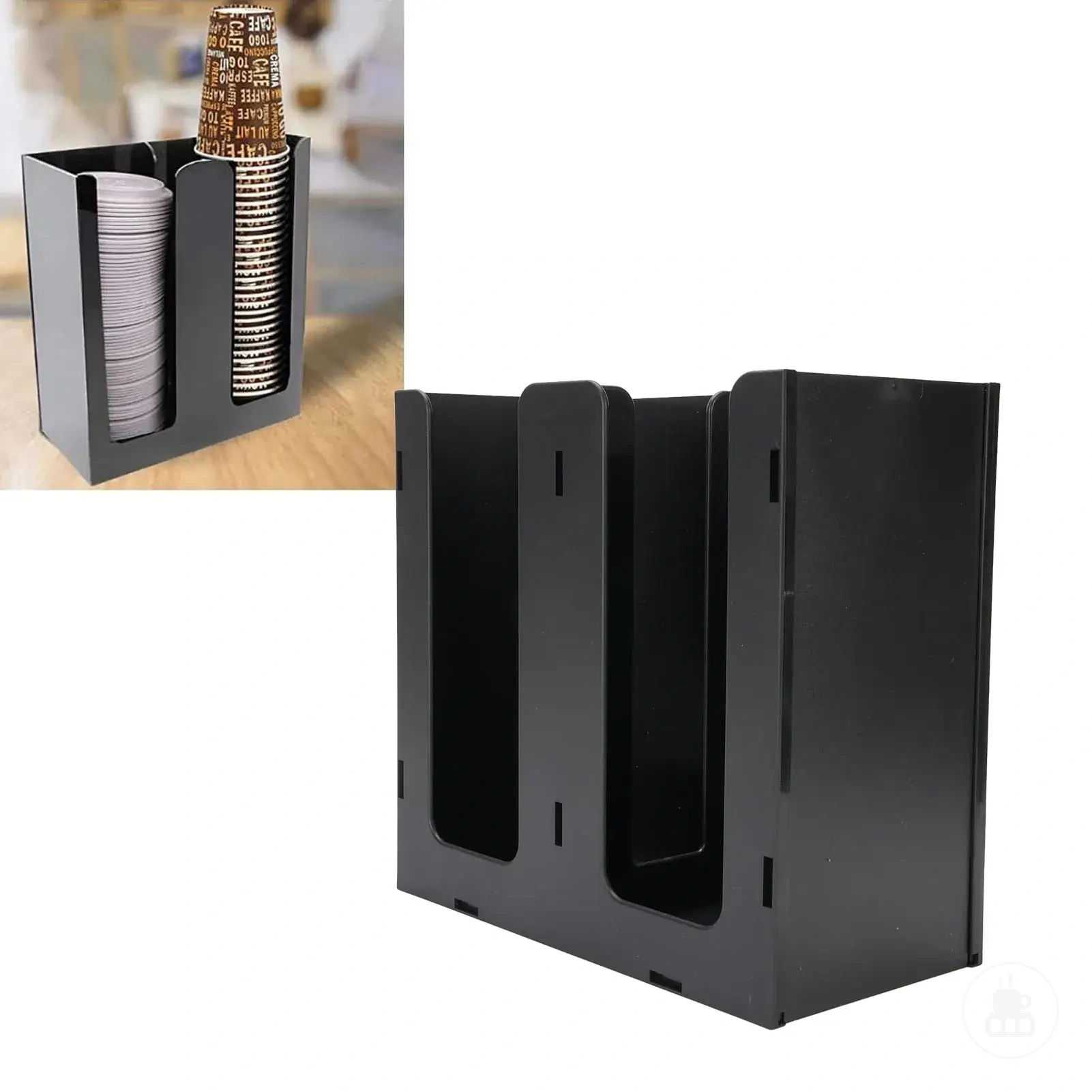Dispensador acrílico de vasos de papel con dos compartimentos para café en encimera