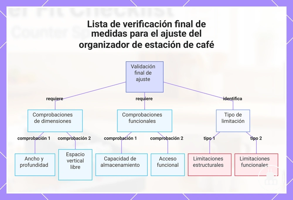 Lista de verificación final de medidas para el ajuste del organizador de estación de café