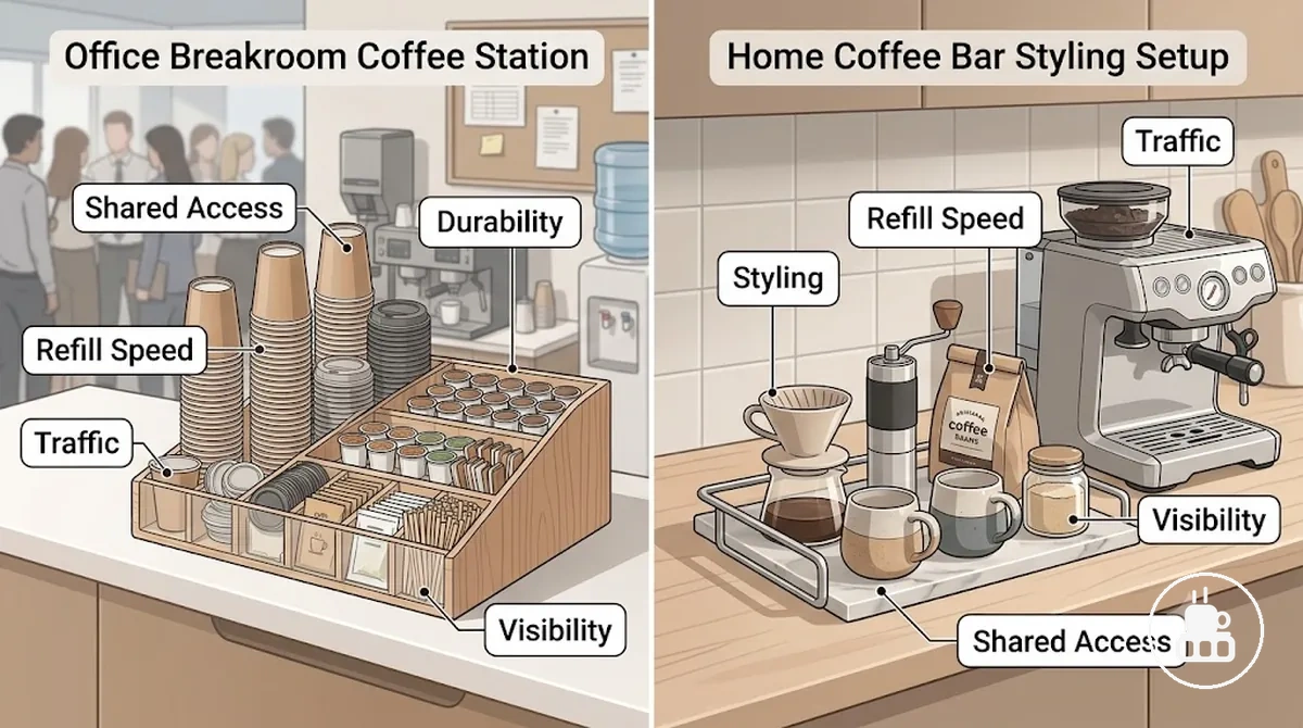 Organizador de café para zona de descanso de oficina comparado con barra de café en el hogar según acceso, durabilidad y reposición.