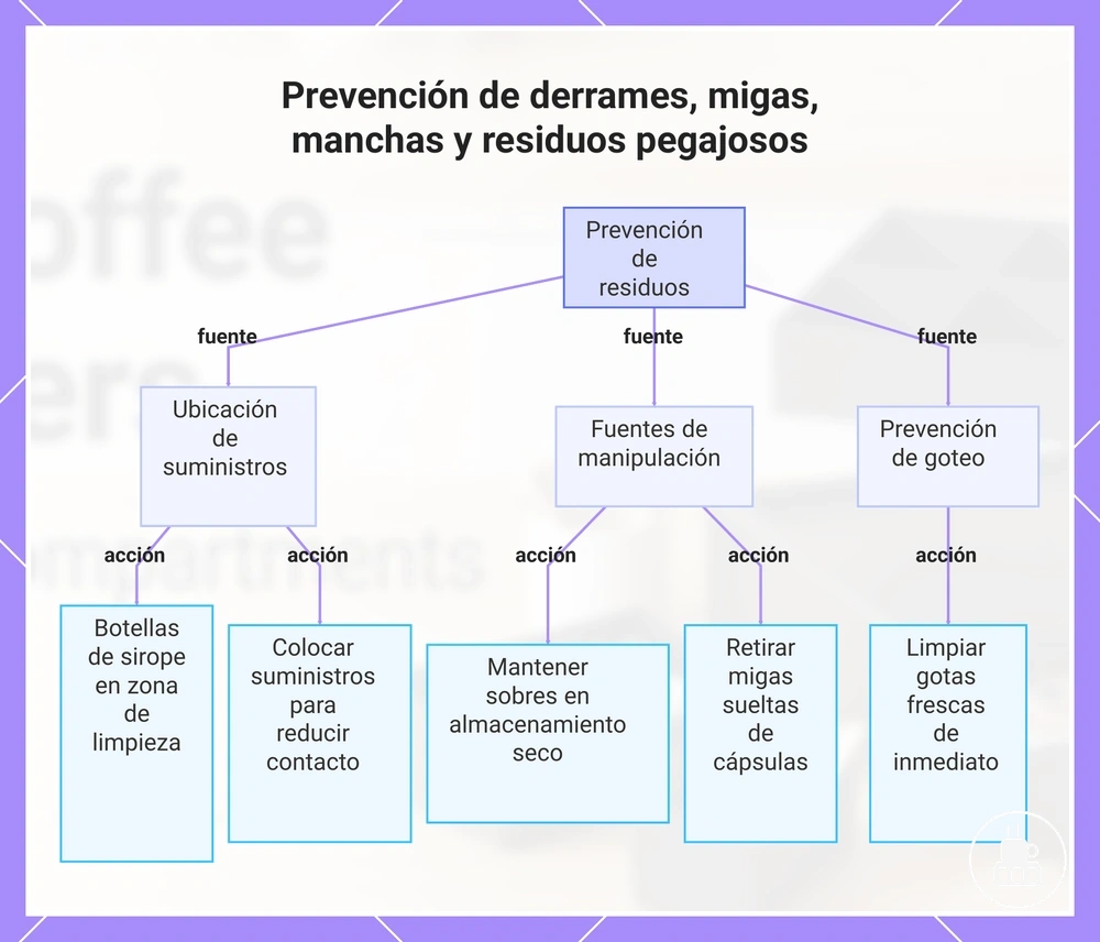 Prevención de derrames, migas, manchas y residuos pegajosos