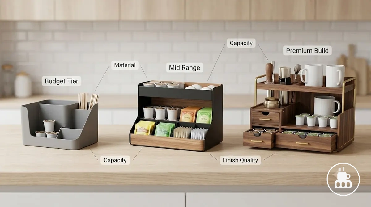 Comparación de rangos de precio de organizadores para estación de café que muestra diferencias en materiales, capacidad y construcción
