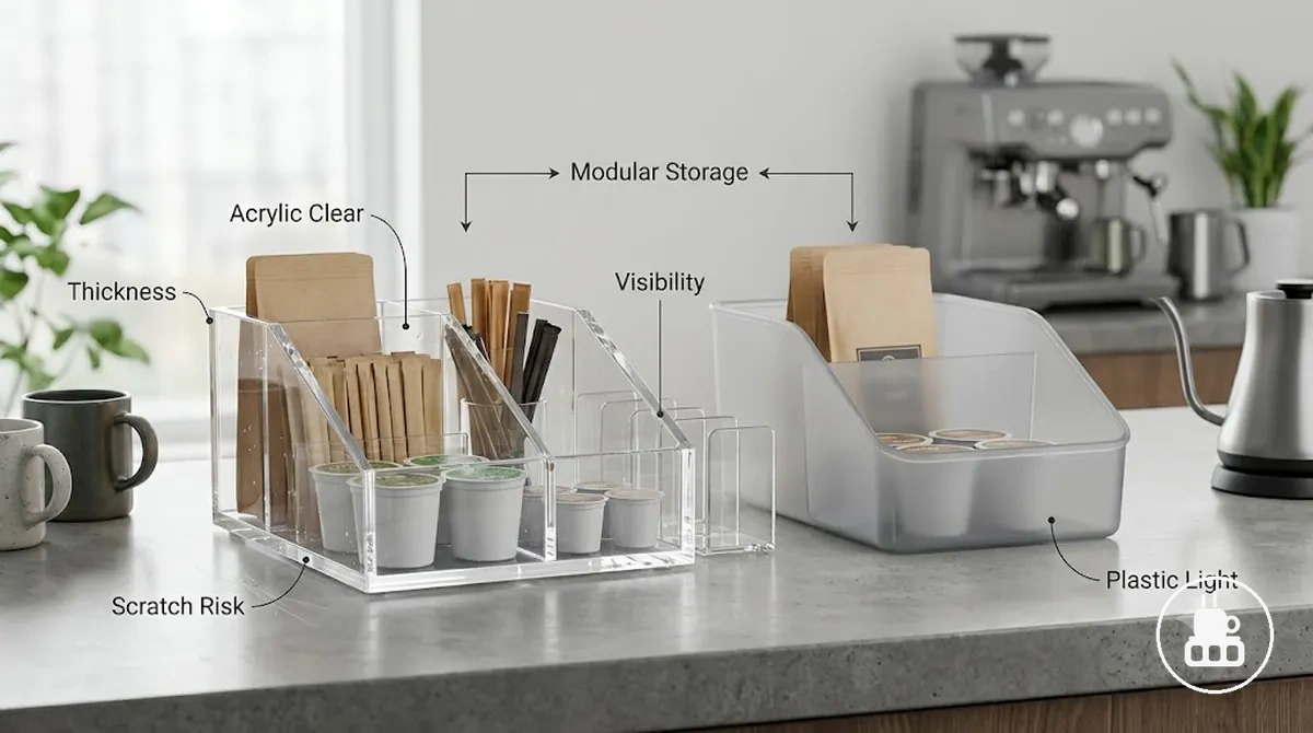 Organizador de acrílico y plástico para estación de café que muestra visibilidad y compartimentos de almacenamiento