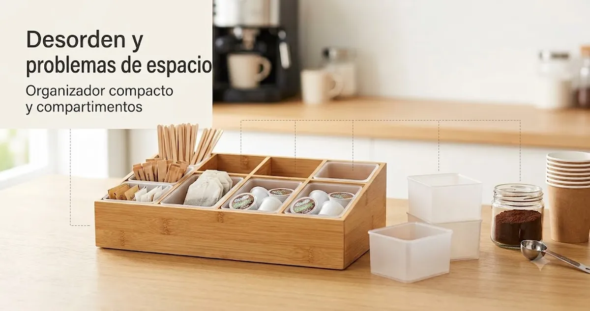 Estación de café desordenada mejorada con un organizador compacto, compartimentos y mejor colocación de suministros
