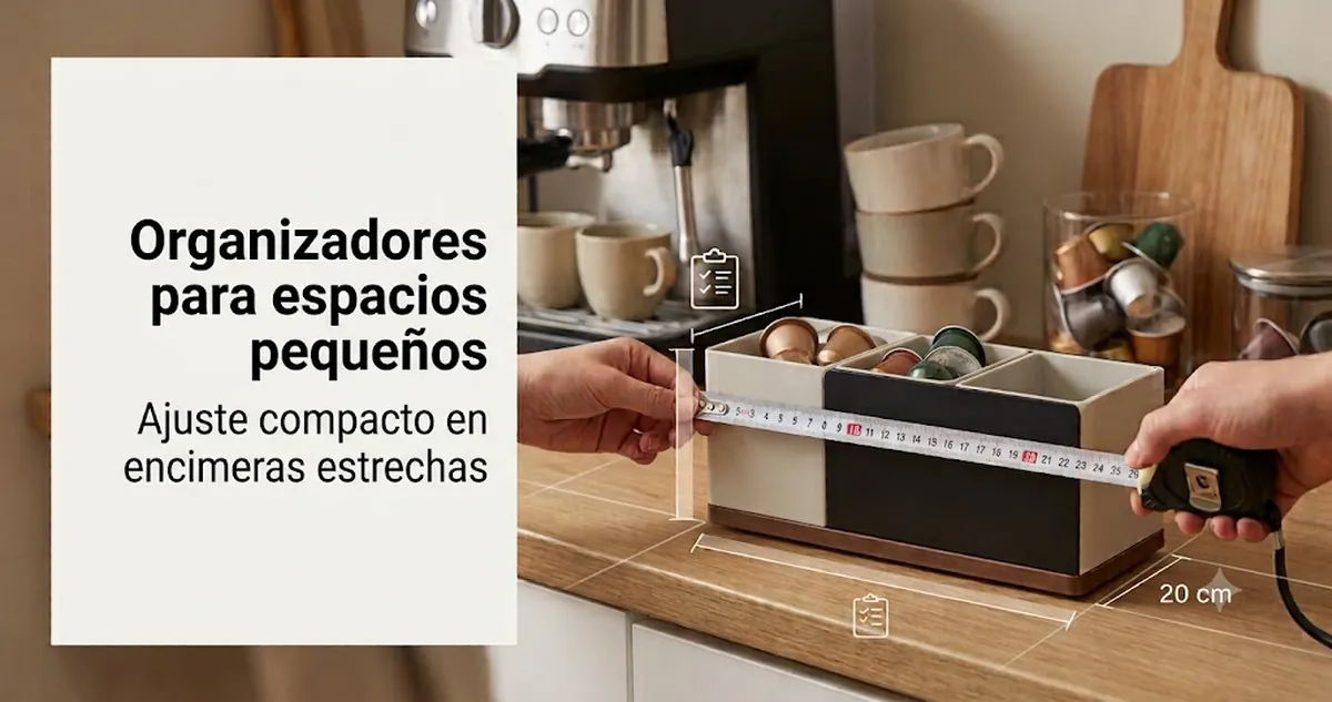 Organizador compacto para estación de café en una encimera estrecha con suministros apilados y poca superficie ocupada