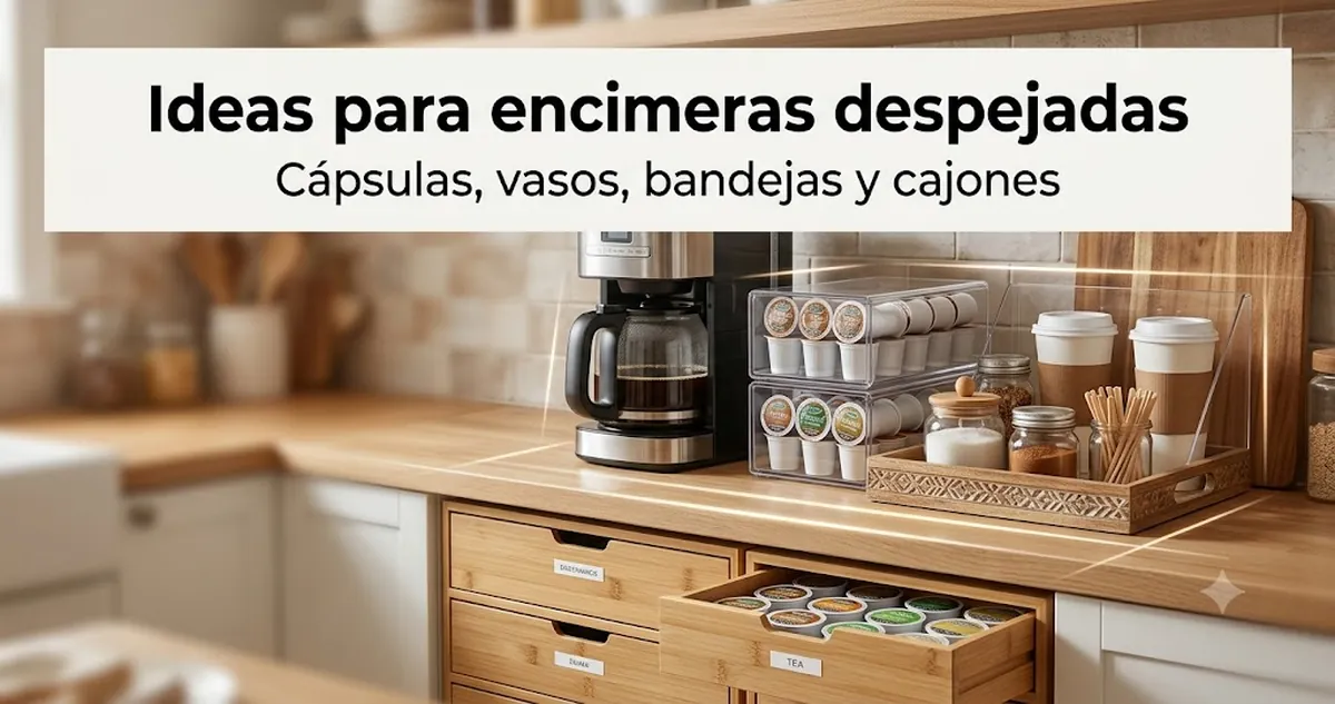 Ideas de estación de café con encimera despejada usando organizadores para cápsulas, vasos, bandejas, cajones y condimentos